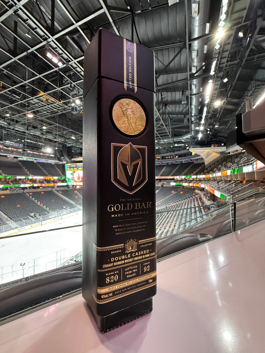 GoldenKnights's tweet photo. This new @goldbarwhiskey VGK bottle is a must-add to your cabinet 🥃

Each bottle comes with a patch to add to your VGK gear that can be tapped to reveal cocktail recipes &amp; a VIP sweepstakes 🤩

Available at @LeesDiscountLiq! https://t.co/rxwqO2QsxS