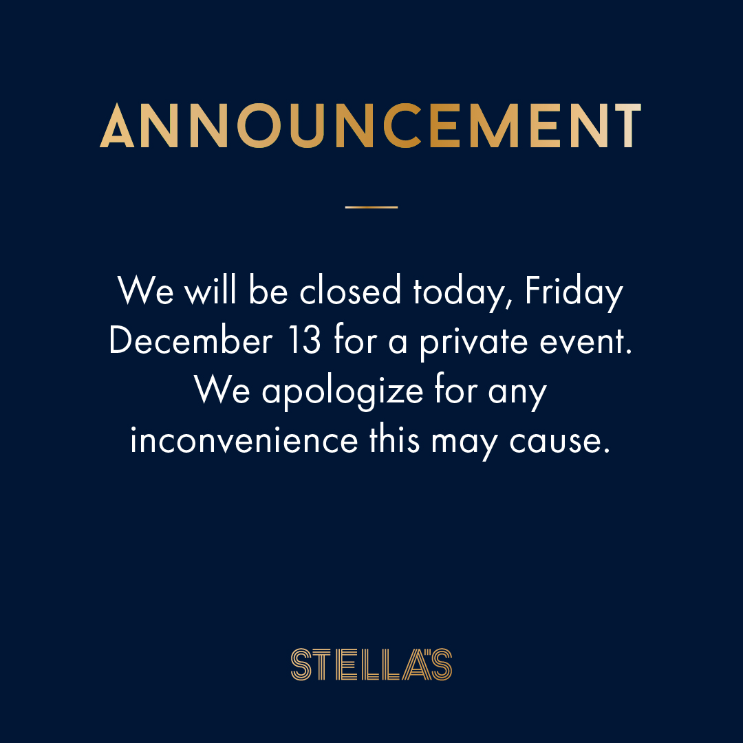 We’re hosting a private event this evening and will be closed to the public. 

We apologize for any inconvenience and can’t wait to welcome you back tomorrow for more incredible food, music, and vibes! #seeyouatStellas