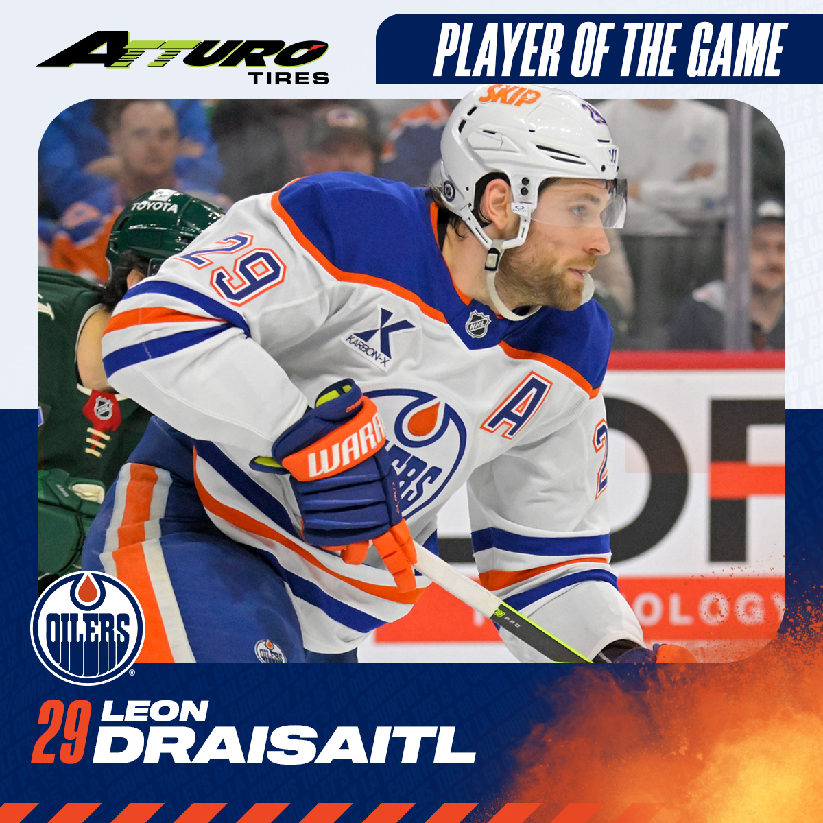 EdmontonOilers's tweet photo. Leon Draisaitl's goal &amp; three assists in last night's road win over Minnesota have earned him the @AtturoTires Player of the Game nod! 🛞 

#AtturoTires | #LetsGoOilers https://t.co/sx4WYH2bYv