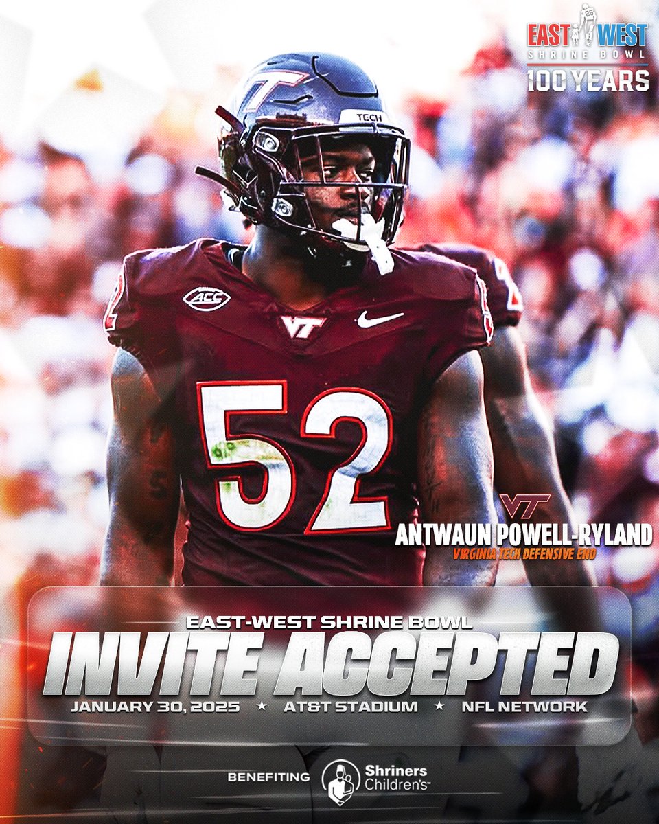 East-West Shrine Bowl (@shrinebowl) on Twitter photo A force 💪
DE Antwaun Powell-Ryland (<a href="/TwaunPowell/">Antwaun Powell-Ryland</a>) from <a href="/HokiesFB/">Virginia Tech Football</a> has officially accepted his invite to the 100th East-West #ShrineBowl!
#Hokies | #ShrineBowlWHOSNEXT 😎 A force 💪
DE Antwaun Powell-Ryland (<a href="/TwaunPowell/">Antwaun Powell-Ryland</a>) from <a href="/HokiesFB/">Virginia Tech Football</a> has officially accepted his invite to the 100th East-West #ShrineBowl!
#Hokies | #ShrineBowlWHOSNEXT 😎
