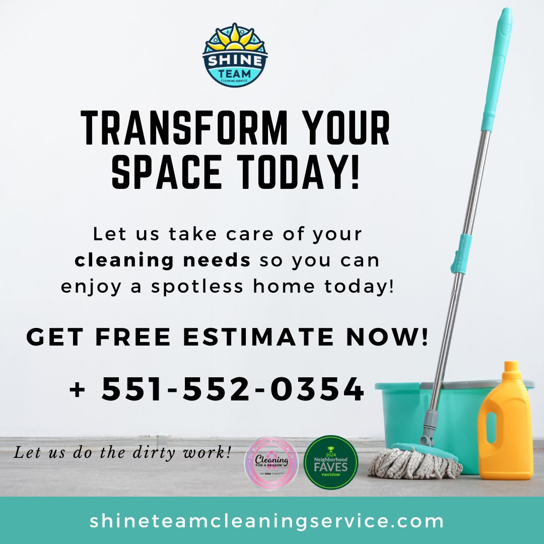 ShineTeamClean's tweet photo. ✨ Transform Your Space with Shine Team Cleaning Service! ✨ Let us handle the dirty work so you can enjoy a spotless home or office.

📞 Call for a FREE estimate: +551-552-0354
🌐 Visit: https://t.co/q5FvpALZvU https://t.co/aSfJ0piNJL