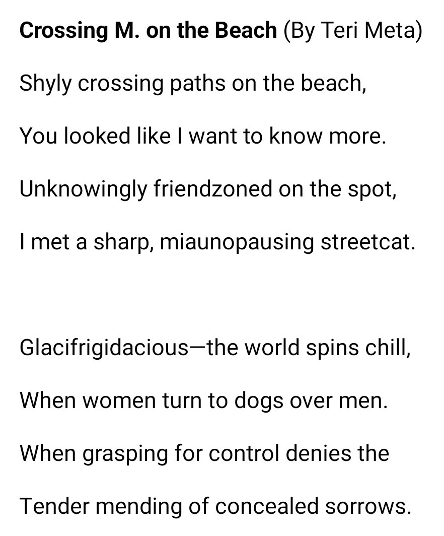 meta_teri's tweet photo. Probably the most #melancholy #poem I have written
#art #NFTpoetry #NFTpoem #NFTpoems #NFTpoet #NFTart #NFTartists #NFTartist #nfts #NFTY #NFT #NFTCommmunity #poet #metaverse #cryptoartist #imagination #contingency #conversation #control #conceptart #memory #love #tenderness https://t.co/qcFV5CDRCV