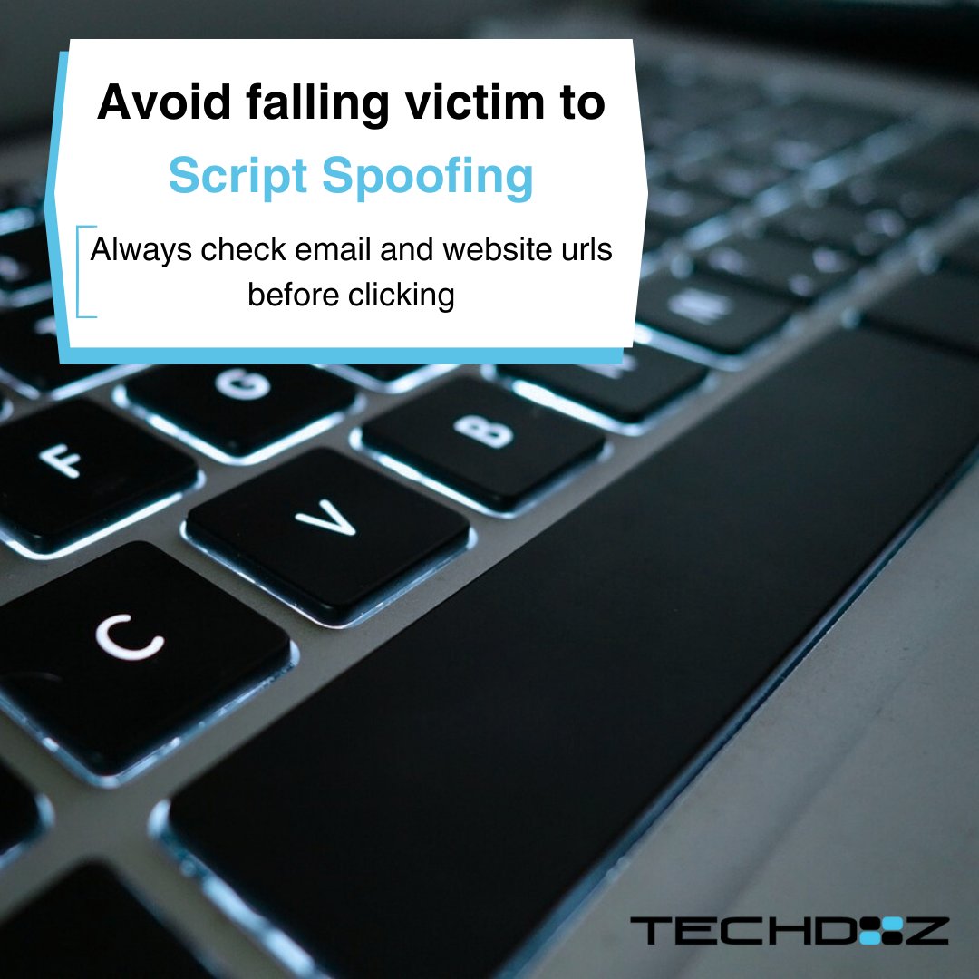 Techdoz's tweet image. Script spoofing is when a malicious actor copies a website or email and changes the address to trick you into clicking on it. This holiday season, don&apos;t forget to stay vigilant while shopping online.

Want to learn more about cyber safety? Visit our website for training info.