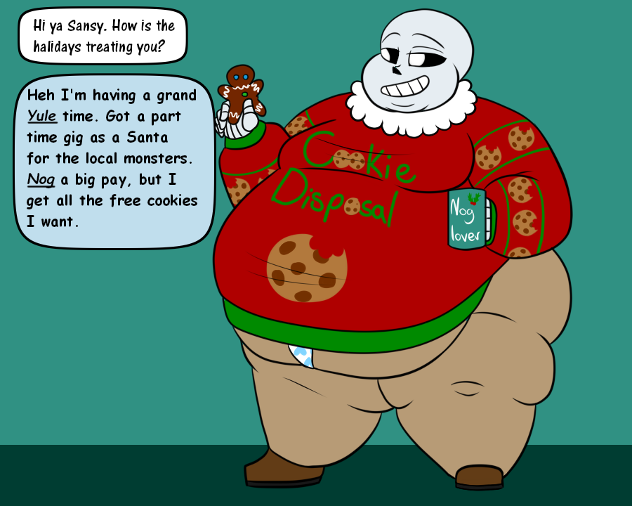 NsfwWick's tweet photo. Tis the season for xmas gains in the office. Sans' new gig is causing him to balloon up in size fitting for a Santa role.

#OfficeTale #Sans #Undertale #Gyftmas #Undertum https://t.co/CYpxq7Taxb