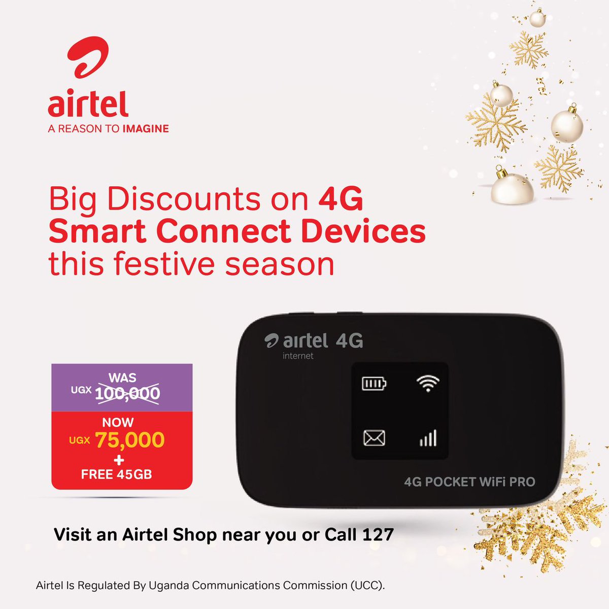 stella1N's tweet photo. Stay connected all way this season with the Airtel 4G MiFi!
For just UGX 75k, get 45GB FREE and keep the festivities going with seamless streaming and sharing
Dial *100*7# to buy bundles
#4GSmartConnect https://t.co/Hm02dVnHyV