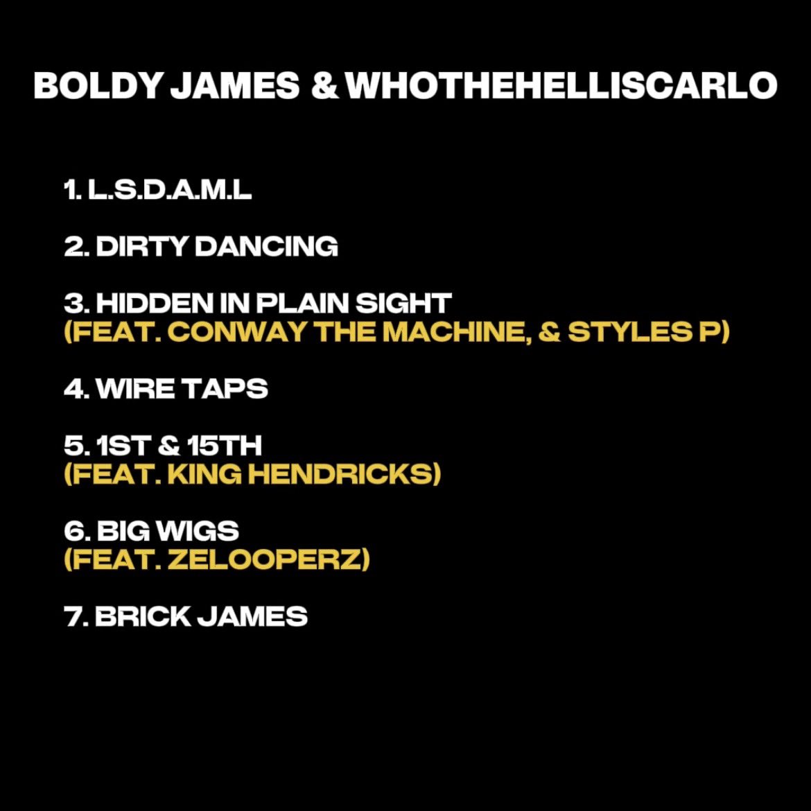 📀 HIDDEN IN PLAIN SIGHT (TRACKLIST)

👤 BOLDY JAMES &amp; WHOTHEHELLISCARLO

📆 DECEMBER 20TH, 2024

FEATURES —
• CONWAY THE MACHINE
• STYLES P
• KING HENDRICKS
• ZELOOPERS