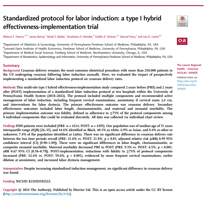 Penn Medicine CSO (@pennmedcso) on Twitter photo Standardized protocol for labor induction: a type I hybrid effectiveness-implementation trial ft. <a href="/RebeccaHammMD/">Rebecca Hamm MD, MSCE</a>, <a href="/JanBenMBBS/">Janice Benny</a>, <a href="/SindhuS01/">DrSindhuSrinivas</a>, Samuel Parry, <a href="/LisaObdoc/">Lisa D. Levine, MD, MSCE</a> (<a href="/PennOBGYN/">Penn Medicine OBGYN Department</a>), Knashawn Morales (<a href="/UPennDBEI/">Dept. of Biostatistics, Epidemiology & Informatics</a>) & <a href="/Rsbeidas/">Rinad Beidas, PhD</a> (<a href="/NUFeinbergMed/">Northwestern Feinberg School of Medicine</a>) <a href="/PennLDI/">Penn LDI</a> <a href="/TheLancet/">The Lancet</a>
sciencedirect.com/science/articl… Standardized protocol for labor induction: a type I hybrid effectiveness-implementation trial ft. <a href="/RebeccaHammMD/">Rebecca Hamm MD, MSCE</a>, <a href="/JanBenMBBS/">Janice Benny</a>, <a href="/SindhuS01/">DrSindhuSrinivas</a>, Samuel Parry, <a href="/LisaObdoc/">Lisa D. Levine, MD, MSCE</a> (<a href="/PennOBGYN/">Penn Medicine OBGYN Department</a>), Knashawn Morales (<a href="/UPennDBEI/">Dept. of Biostatistics, Epidemiology & Informatics</a>) & <a href="/Rsbeidas/">Rinad Beidas, PhD</a> (<a href="/NUFeinbergMed/">Northwestern Feinberg School of Medicine</a>) <a href="/PennLDI/">Penn LDI</a> <a href="/TheLancet/">The Lancet</a>
sciencedirect.com/science/articl…