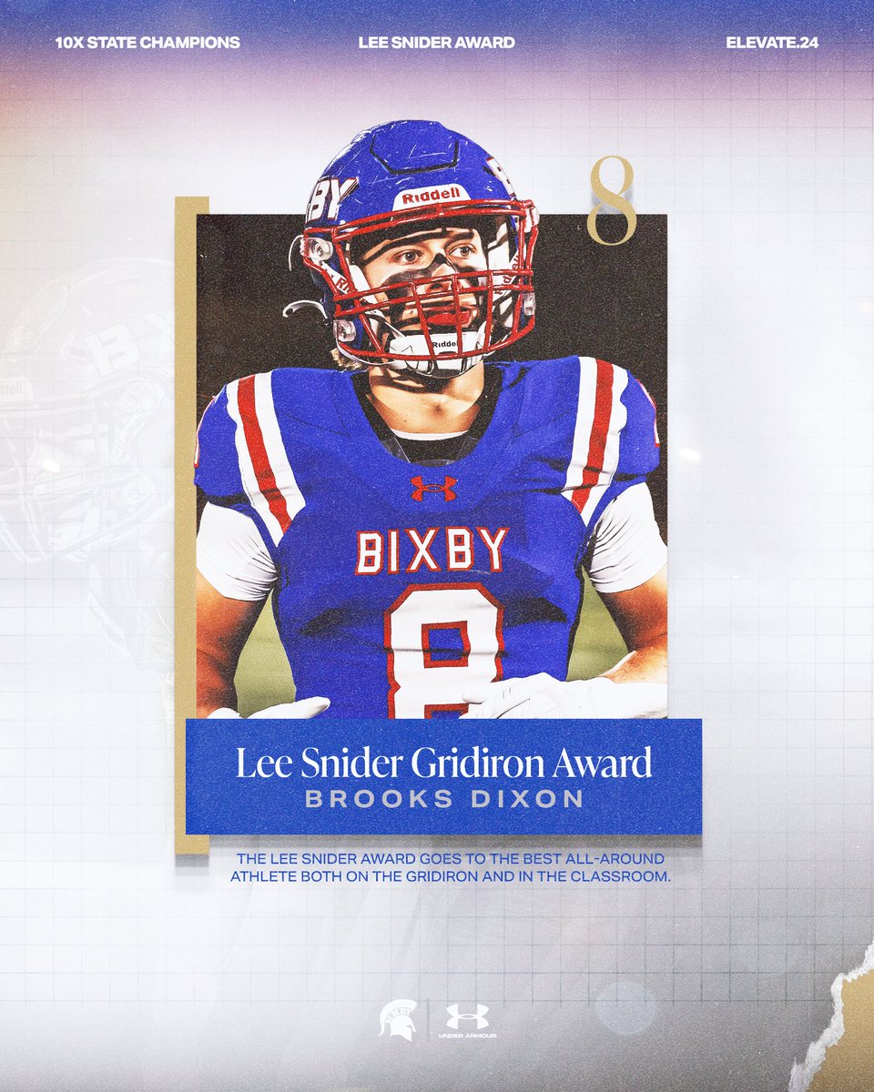 The Lee Snider Gridiron Award goes to the best all-around athlete both on the gridiron and in the classroom.

Congratulations to <a href="/brooksdixon10/">brooks dixon</a>  for being named this year's Lee Snider Gridiron Award winner.

#BixbySpartans | #Undeniable