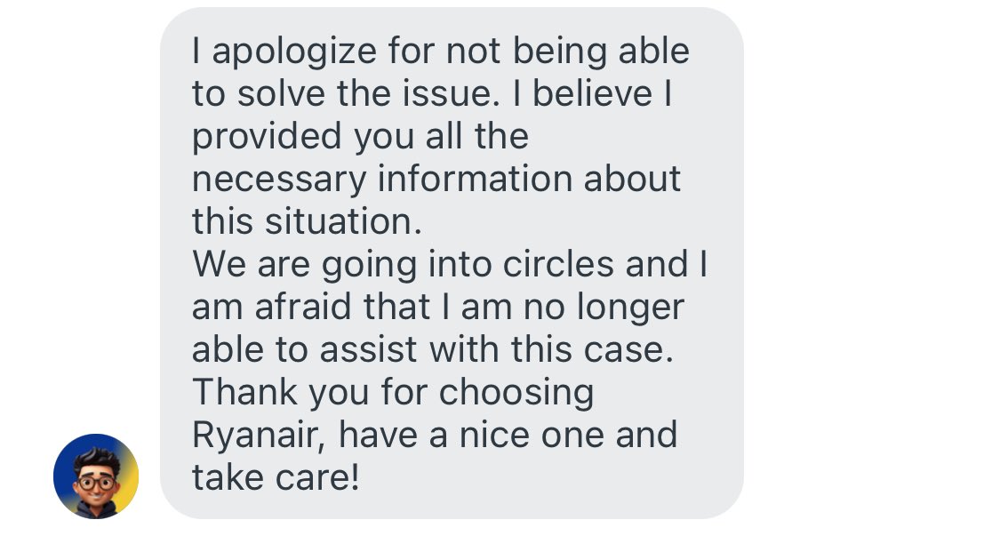 Lisa ❤️✨ (@lisag2181) on Twitter photo Any ideas how I can talk to an actual person <a href="/Ryanair/">Ryanair</a> for an issue with a flight that isn’t leaving in the next 30 days. Just had a chat ended by an agent who said they can’t help - the only option they gave was to submit a complaint form 👀 Any ideas how I can talk to an actual person <a href="/Ryanair/">Ryanair</a> for an issue with a flight that isn’t leaving in the next 30 days. Just had a chat ended by an agent who said they can’t help - the only option they gave was to submit a complaint form 👀