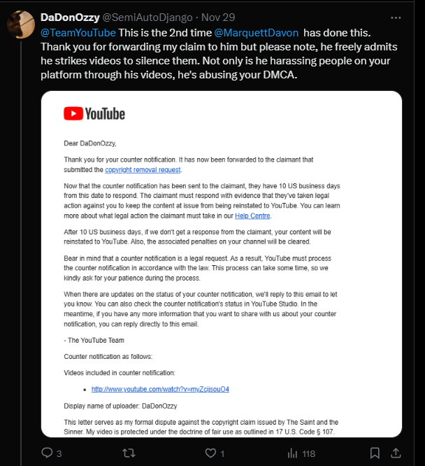 SemiAutoDjango's tweet photo. @TeamYouTube I reported a bigger channel false copyright striking my videos. You said youll look into it, 10 days and my video is reinstated (2nd time he's done this) proving it was a bullying tactic. Please check his history of abuse and take action to protect creators like me. https://t.co/C3YOtzG7hj