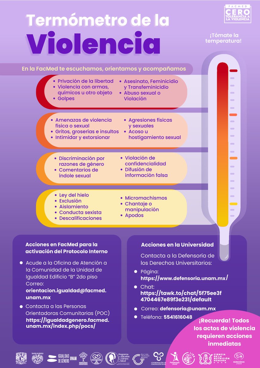 🚨¿Cómo identificar la #violencia?⚠
Te compartimos este Termómetro, una herramienta indispensable para prevenirla y reconocerla en nuestras comunidades 💜

👉 Si necesitas ayuda, acércate a la Oficina de Atención a la Comunidad en el 2º piso del Edificio B
#SomosFacMed