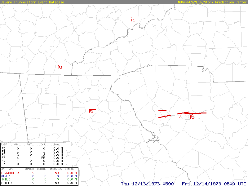 weather_history's tweet photo. December 13, 1973:

Nine tornadoes impacted Tennessee, Georgia, and South Carolina. Officially, eight were significant (F2+), the strongest of which was an F4 in Greenwood County, SC. @sigtor2019 documents 7 strong tornadoes, none above F3. Three people were killed.

#wxhistory https://t.co/XSYgwzrdJR