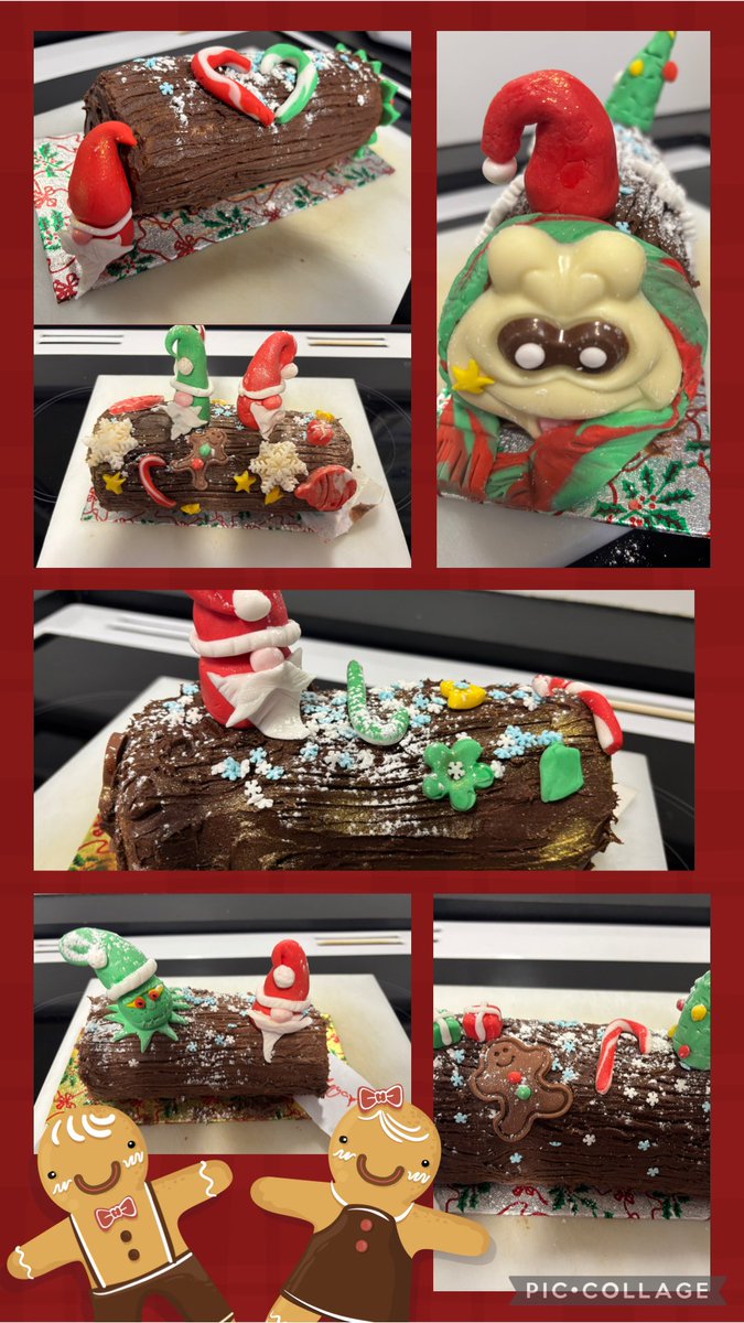HolyheadFood's tweet photo. @holyhead_school Year 10 had a therapeutic lesson decorating their yule logs made from their swiss rolls from yesterday lesson! Loving one students attempt at a festive colin lookalike 😛 @marksandspencer  or is it cuthbert @AldiUK https://t.co/4bFHFCmVhr
