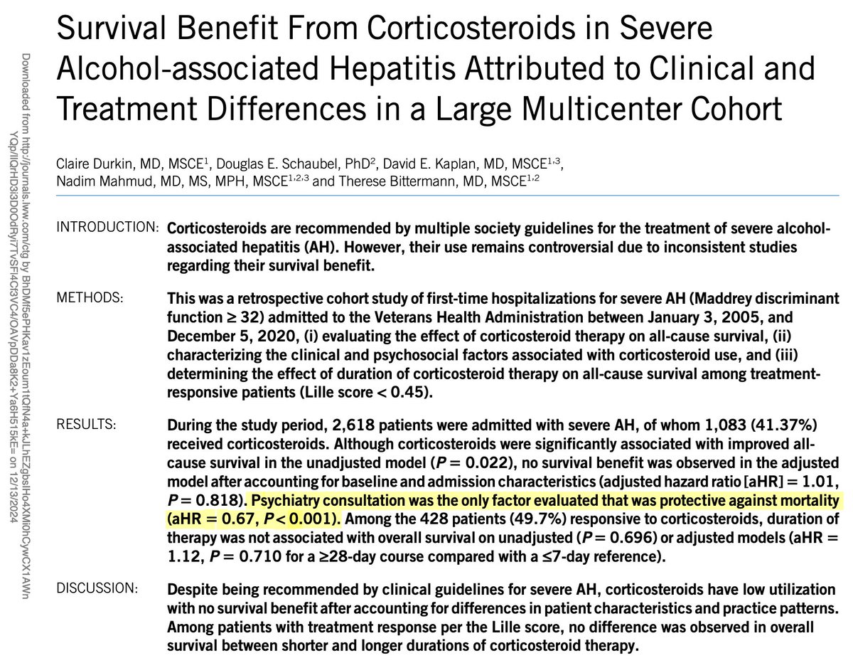 This large study has a positive result that needs to be highlighted:

CONSULTING AN ADDICTION SPECIALIST DECREASES MORTALITY IN ALCOHOL-ASSOCIATED HEPATITIS.

We must do it.

t.ly/yugVi