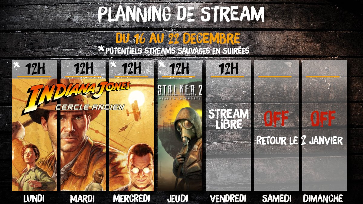Le p'tit planning d'avant les vacances !
De l'archeologie, des radiations  du bourre pif et beaucoup d'aventures !!!
⚠️Gros risque de Lives sauvages en soirées !
👉twitch.tv/captain_frakas