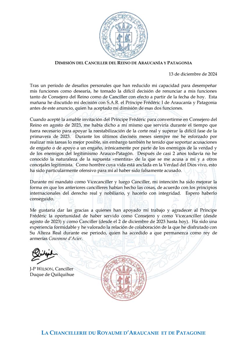 APchancellerie's tweet photo. Annonce par le Chancelier sortant.
Announcement by the retiring Chancellor.
Anuncio del Canciller saliente.
#araucanie #araucaniepatagonie #mapuche https://t.co/gPGWqm2LTj