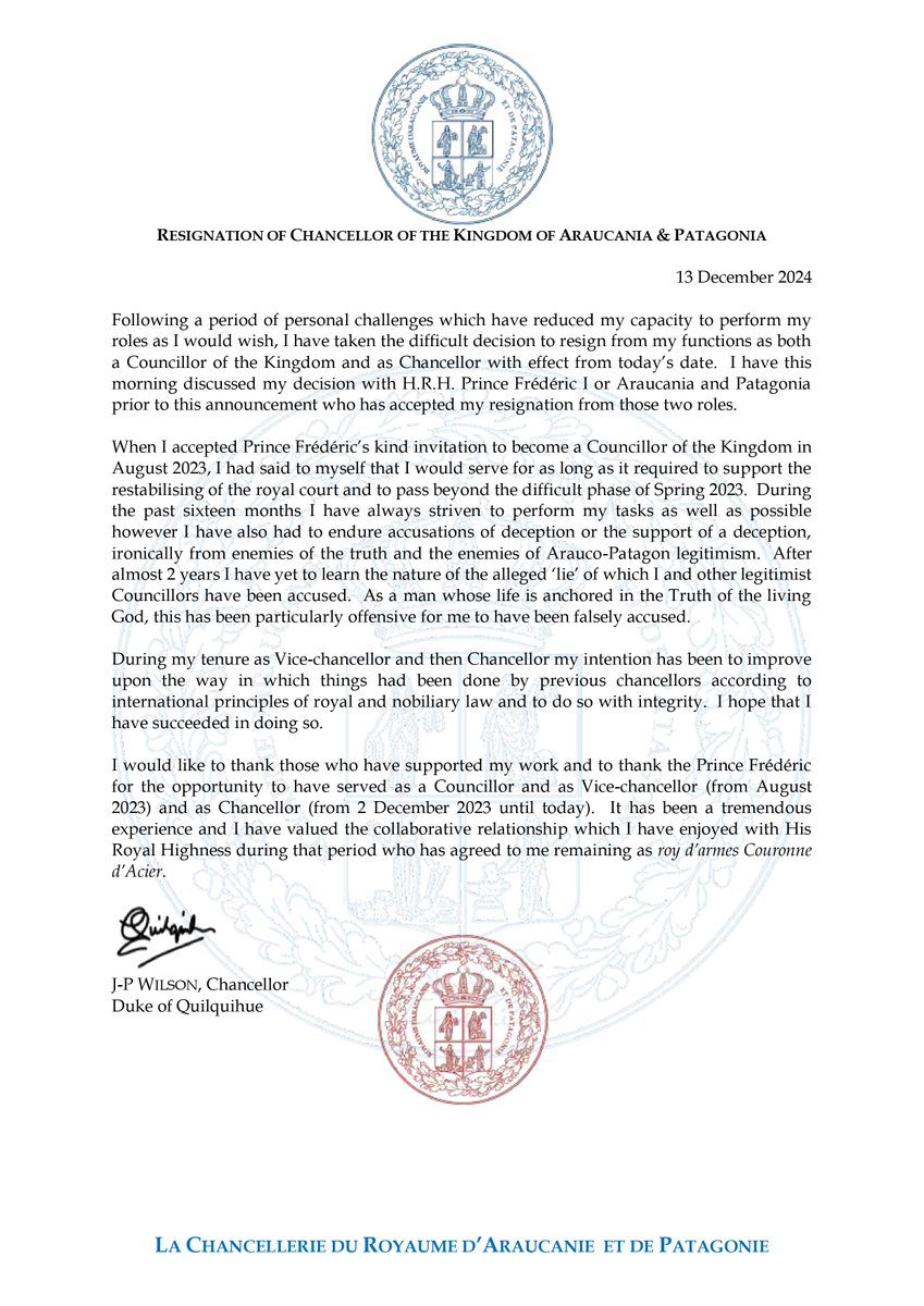 APchancellerie's tweet photo. Annonce par le Chancelier sortant.
Announcement by the retiring Chancellor.
Anuncio del Canciller saliente.
#araucanie #araucaniepatagonie #mapuche https://t.co/gPGWqm2LTj