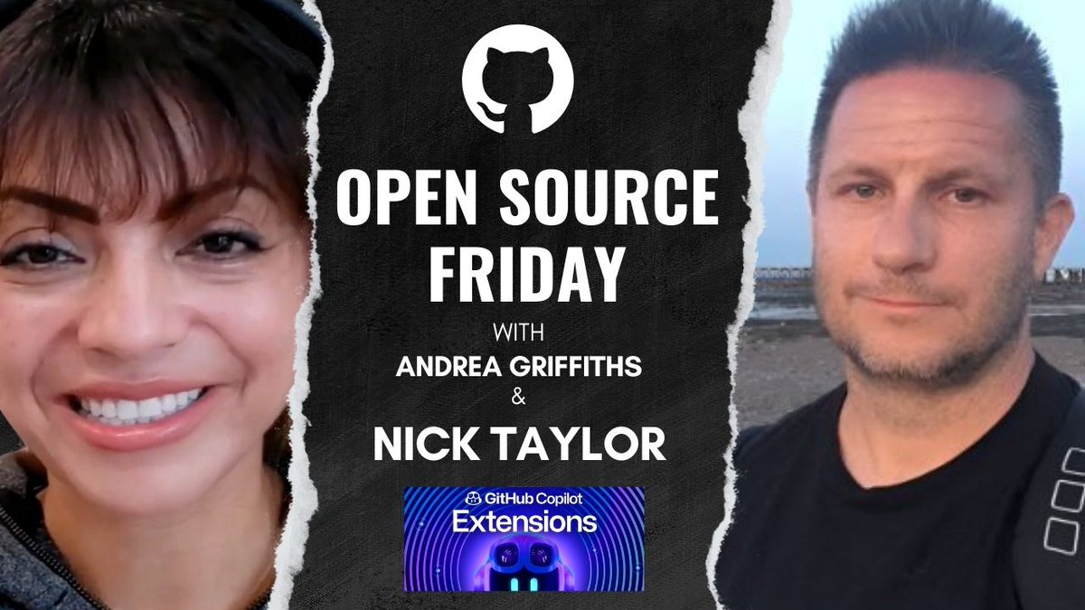 github's tweet image. 👉 LIVE: @nickytonline demos his copilot-extension-template, your gateway to creating custom GitHub Copilot extensions built with Node.js &amp;amp; Hono! #OpenSourceFriday 

Drop in now ⬇️ 
gh.io/nickytonline