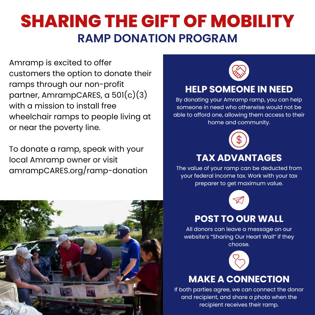 Amramp's tweet photo. We've launched our ramp donation program with our non-profit partner, AmrampCARES. This program will allow you to donate your ramp that you no longer need to a someone who does.

To learn more, speak with your local Amramp representative, or visit https://t.co/E5s7mRrajg https://t.co/nVtymLM679
