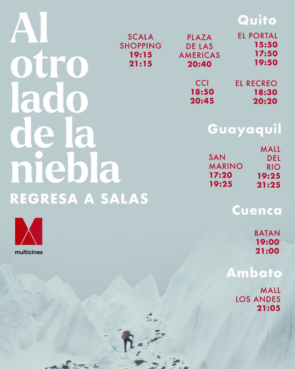 Solo por una semana en <a href="/MulticinesEc/">Multicines Ecuador</a> 
AL OTRO LADO DE LA NIEBLA regresa a la pantalla grande.
¡Les esperamos!
🙏