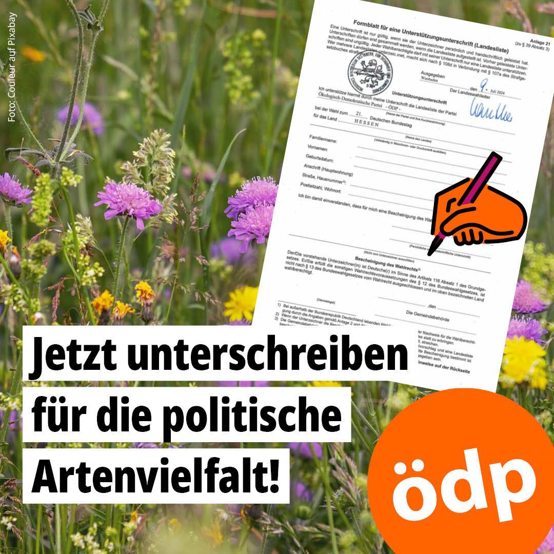 Unterschreib für echte politische Vielfalt! 🧡 Damit die #ÖDPhessen am 23. Februar 2025 auf dem 🗳️ Wahlzettel steht, brauchen wir Deine Unterstützung. Jetzt aktiv werden – Link zum Formular:

oedp-hessen.de/fileadmin/user…

#btw2025 #bundestagswahl #unterstützen #ÖDPhessen #ÖDP