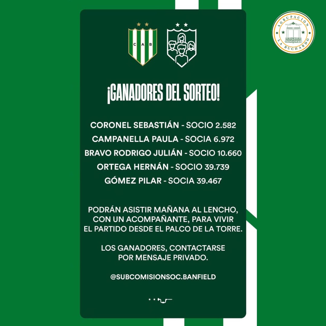 LabuchardoCAB's tweet photo. Nos alegra mucho que el #Club haya tomado una de nuestras propuestas para llevarla adelante. Felicitamos a los #ganadores, ojalá disfruten del #Lencho, conociendo ese sector en la torre, que ha sido transformado en palcos, para la comodidad de los #socios.
#Banfield #LaBuchardo https://t.co/GJEg6oIarB