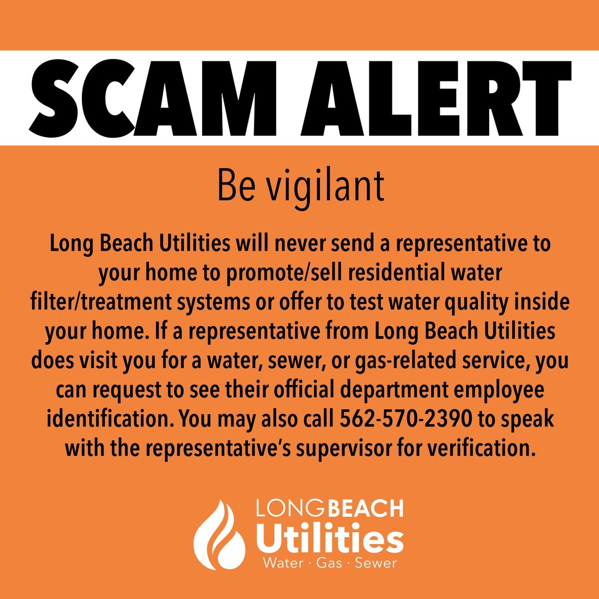 📢 With holidays just around the corner, Long Beach Utilities wants to remind everyone that we will never send a representative to a customers’ home to promote or sell residential water filter/treatment systems or offer to test water quality inside your home, without a scheduled