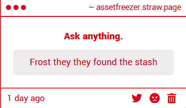Asset_Freezer's tweet photo. What stash are you talking about? Who is this?! Also, spell my name right and fully, it's Frostine. https://t.co/BRRXMiPmPT