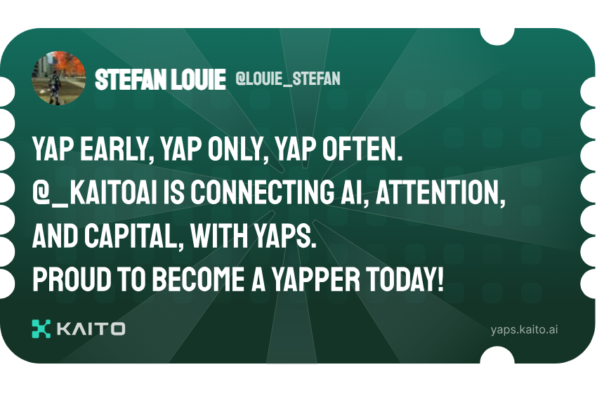 Yap early, yap only, yap often.

@_kaitoai is connecting AI, attention and capital with Yaps.

Just claimed my social card and I'm accumulating Yap points in real-time.

Claim yours 👉 yaps.kaito.ai/referral/14787…