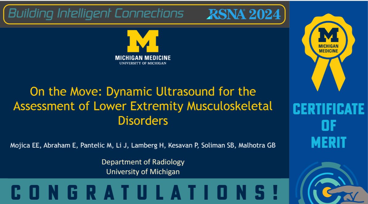 Congratulations!   

Certificate of Merit at #RSNA24   

On the Move: Dynamic Ultrasound for the Assessment of Lower Extremity Musculoskeletal Disorders
