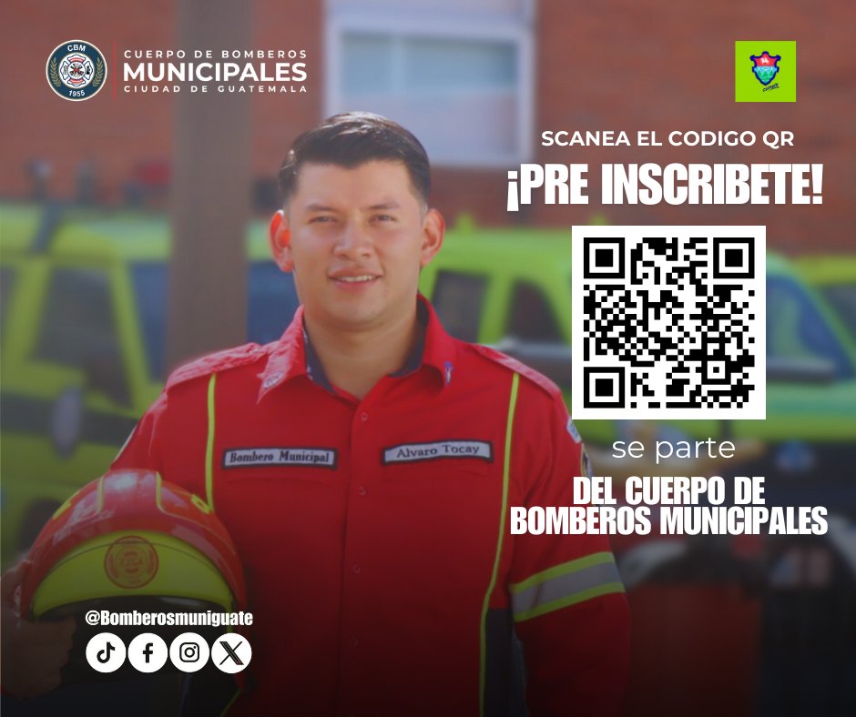 #CbmInforma 

Deseas formar parte del Cuerpo de Bomberos Municipales Ciudad de Guatemala, escanea el código QR y pre inscríbete en la promoción 2025 para Aspirante a Bombero Municipal.

¿Aceptas el reto?

#Promoción2025 #fypシ゚ #bomberosdeguatemala #MuniGuate #bomberosmuniguate