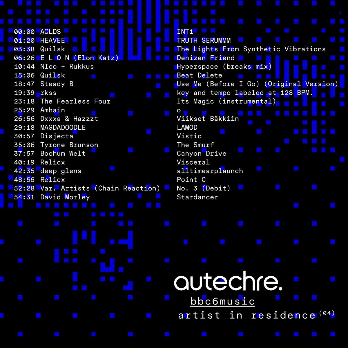 AUTECHRE. BBC 6 MUSIC RESIDENCY COMPLETE.

LISTEN BACK TO TRANSMISSIONS 1–4.
→ bbc.co.uk/programmes/m00…

<a href="/BBC6Music/">BBC Radio 6 Music</a>