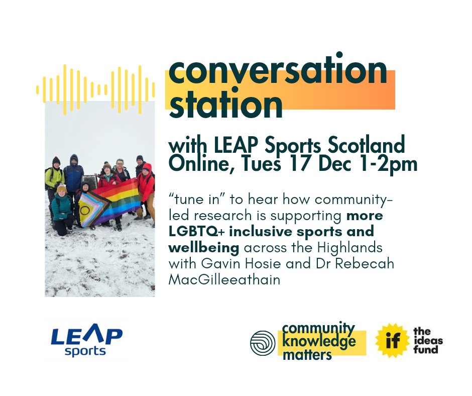 Science Ceilidh (@scienceceilidh) on Twitter photo π¬ Join our next Conversation Station!
How can we support more LGBTQ+ inclusive sports & wellbeing in the Highlands? On Tuesday <a href="/LEAPsports/">LEAP Sports Scotland</a> will share their learning from their <a href="/TheIdeasFund/">TheIdeasFund</a> community-led research Out & About in Highland.
Sign up β¬οΈ communityknowledgematters.com/new-events-1/cβ¦ π¬ Join our next Conversation Station!
How can we support more LGBTQ+ inclusive sports & wellbeing in the Highlands? On Tuesday <a href="/LEAPsports/">LEAP Sports Scotland</a> will share their learning from their <a href="/TheIdeasFund/">TheIdeasFund</a> community-led research Out & About in Highland.
Sign up β¬οΈ communityknowledgematters.com/new-events-1/cβ¦