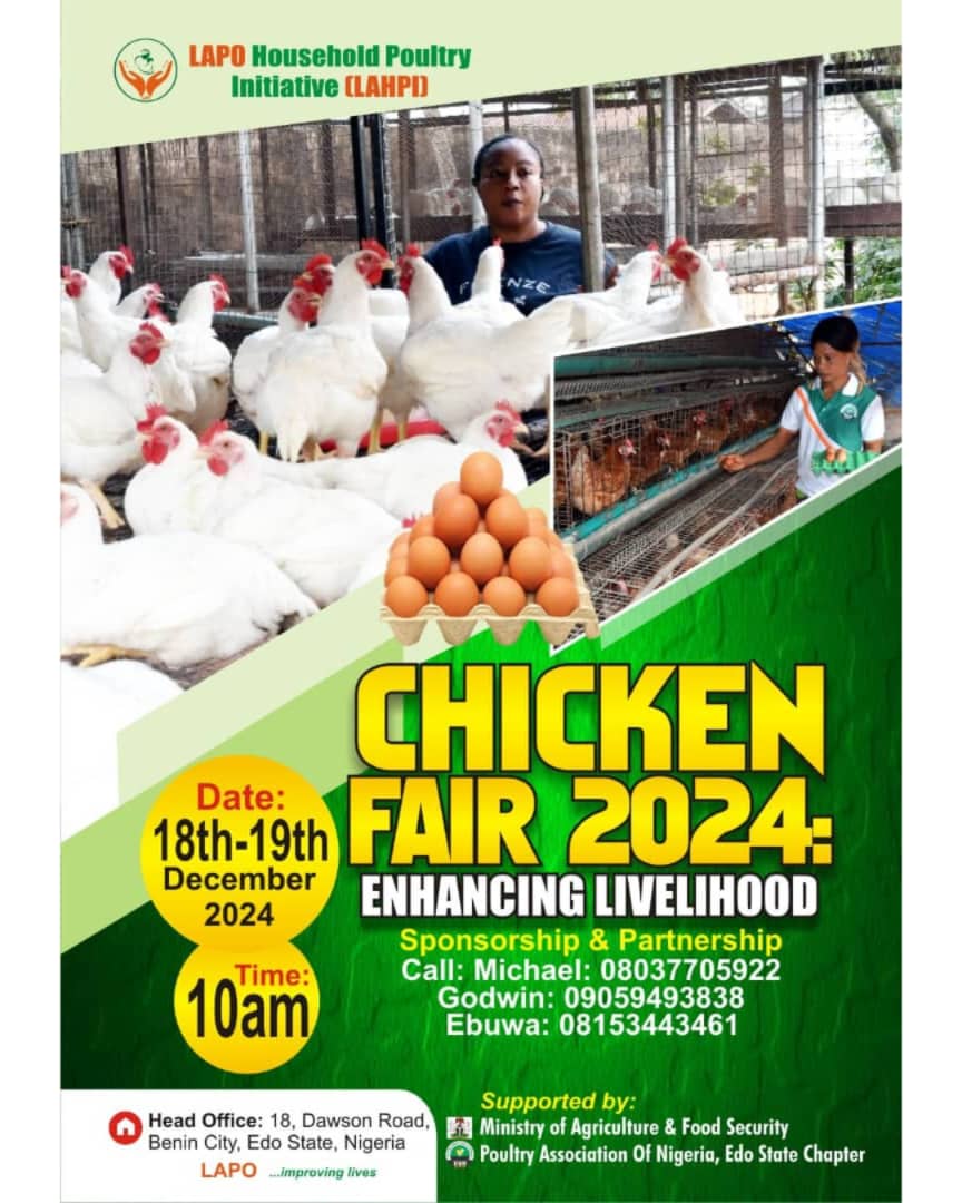 LAPOORG's tweet photo. LAPO Household Poultry Initiative (LAHPI) Chicken Fair 2024!
Date: 18th-19th December 2024
Time: 10am
Venue: LAPO Head Office, 18 Dawson Road, Benin City.
#LAPO #LAPONGO #Improvinglives #LAHPIChickenFair2024 #PoultryLove #FreshDeals #NigeriaAgriculture #EdoState #BeninCity https://t.co/sgE9rldSqA