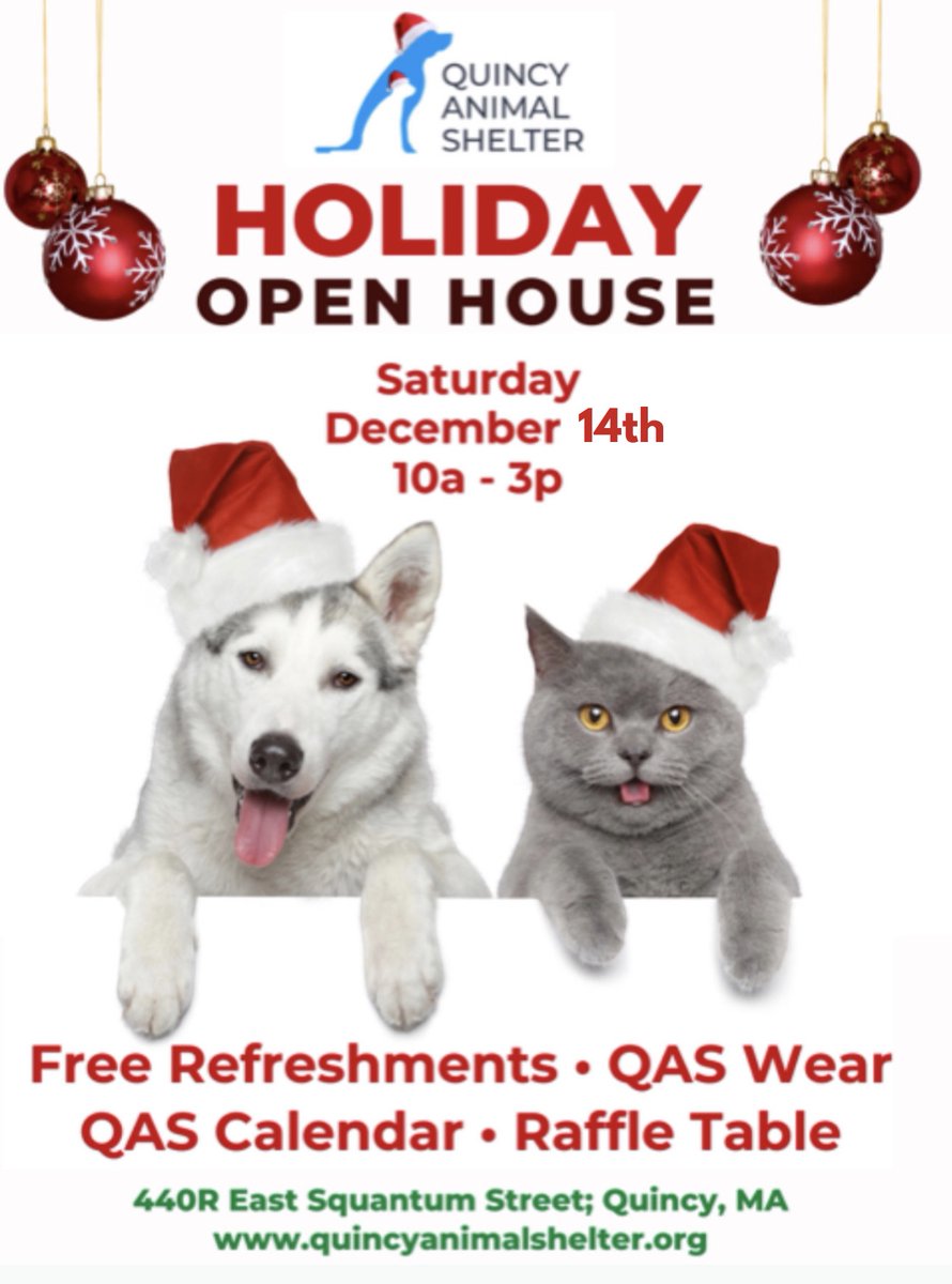 QASQuincy's tweet photo. Come be festive with us at our Holiday Open House, TOMMORROW Sat. Dec 14 from 10 - 3. 🐾🎅 https://t.co/efJpC5mzYd