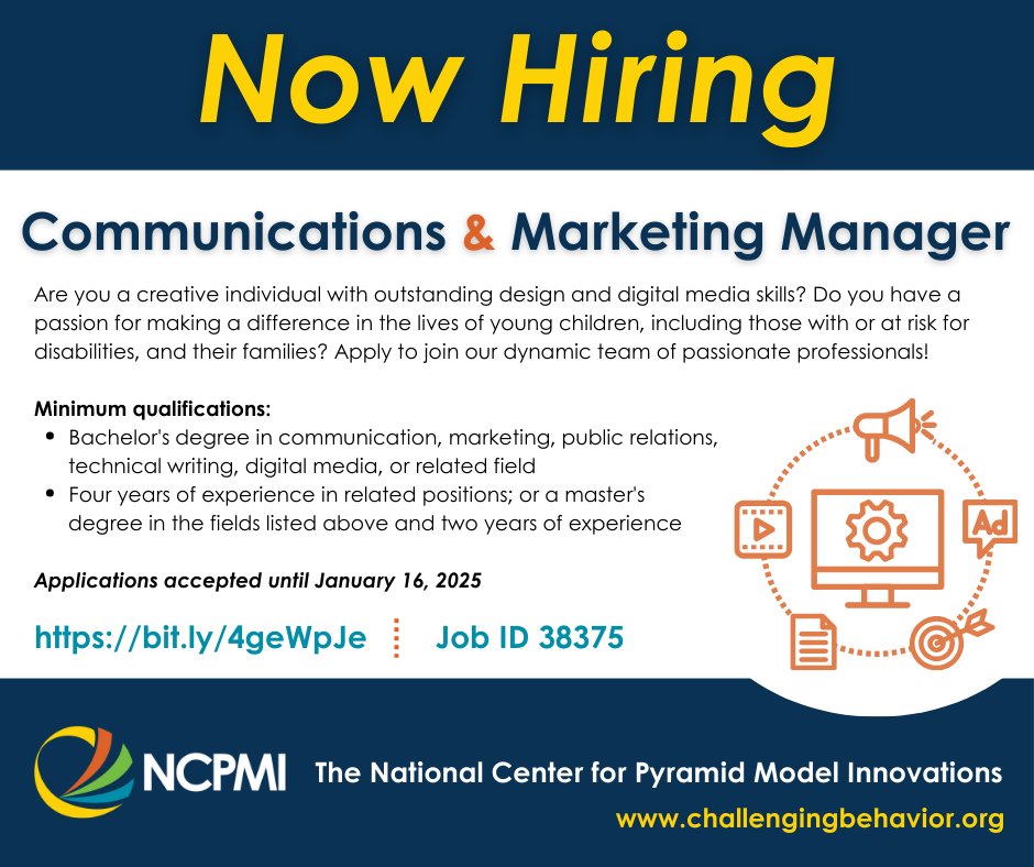 PyramidModel's tweet image. Join our Team to Make a Difference for Young Children! Read more: bit.ly/cmmpost
Applications accepted until January 16, 2025
bit.ly/4geWpJe
#PyramidModel