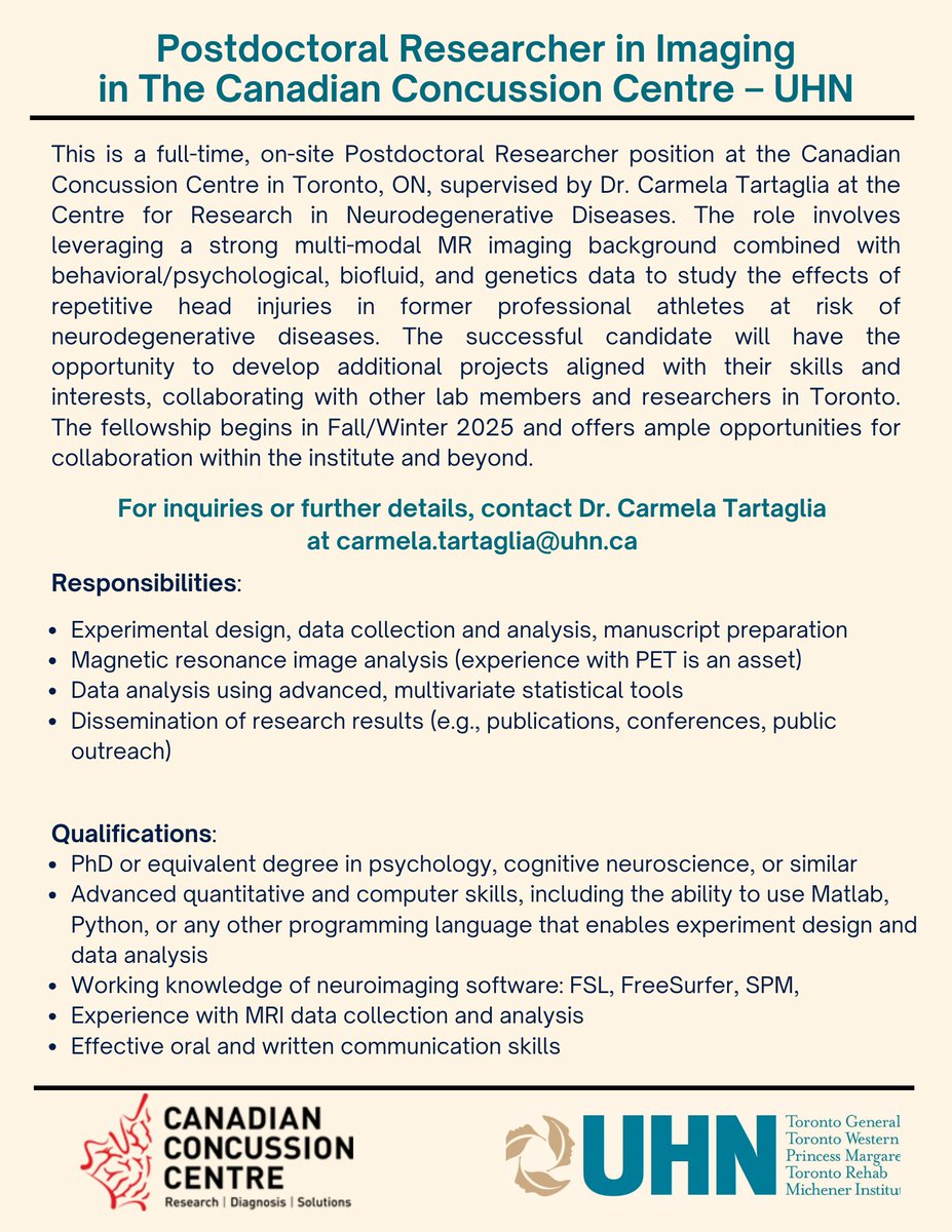 Canadian Concussion Centre (@uhnconcussions) on Twitter photo We're offering a Postdoctoral Imaging in Concussion at
<a href="/UHNconcussions/">Canadian Concussion Centre</a>
The candidate will have the chance to develop projects aligned with their skills, collaborating with lab members and researchers in Toronto. Apply via email: carmela.tartaglia@uhn.ca We're offering a Postdoctoral Imaging in Concussion at
<a href="/UHNconcussions/">Canadian Concussion Centre</a>
The candidate will have the chance to develop projects aligned with their skills, collaborating with lab members and researchers in Toronto. Apply via email: carmela.tartaglia@uhn.ca