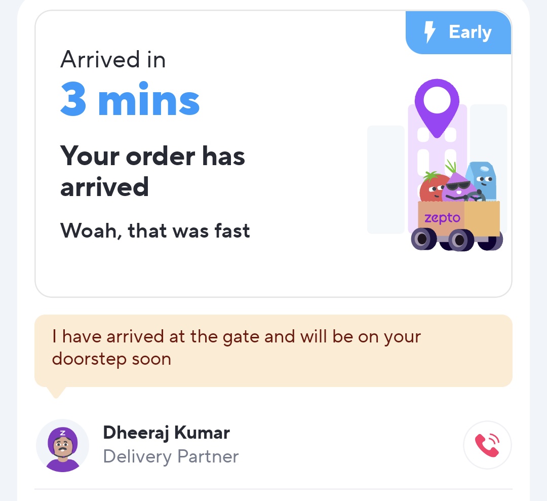 Thanks <a href="/ZeptoNow/">Zepto</a> for superfast delivery in 3 minutes... it's wao.