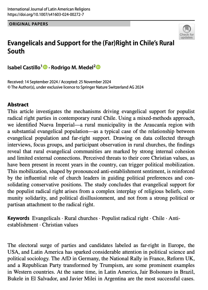 ¿Por qué los evangélicos rurales en el sur de Chile apoyan a la derecha radical? Es la pregunta que buscamos responder con <a href="/IsaCastilloCar/">Isabel Castillo C.</a> en este artículo recién publicado en el Journal Lat. Am. Religions. Abrimos un 🧵 con los principales hallazgos. 👇
link.springer.com/article/10.100…