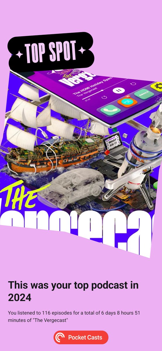 My favorite podcast of 2024 was <a href="/verge/">The Verge</a> cast: pca.st/podcast/5cda94… #pocketcasts #playback2024