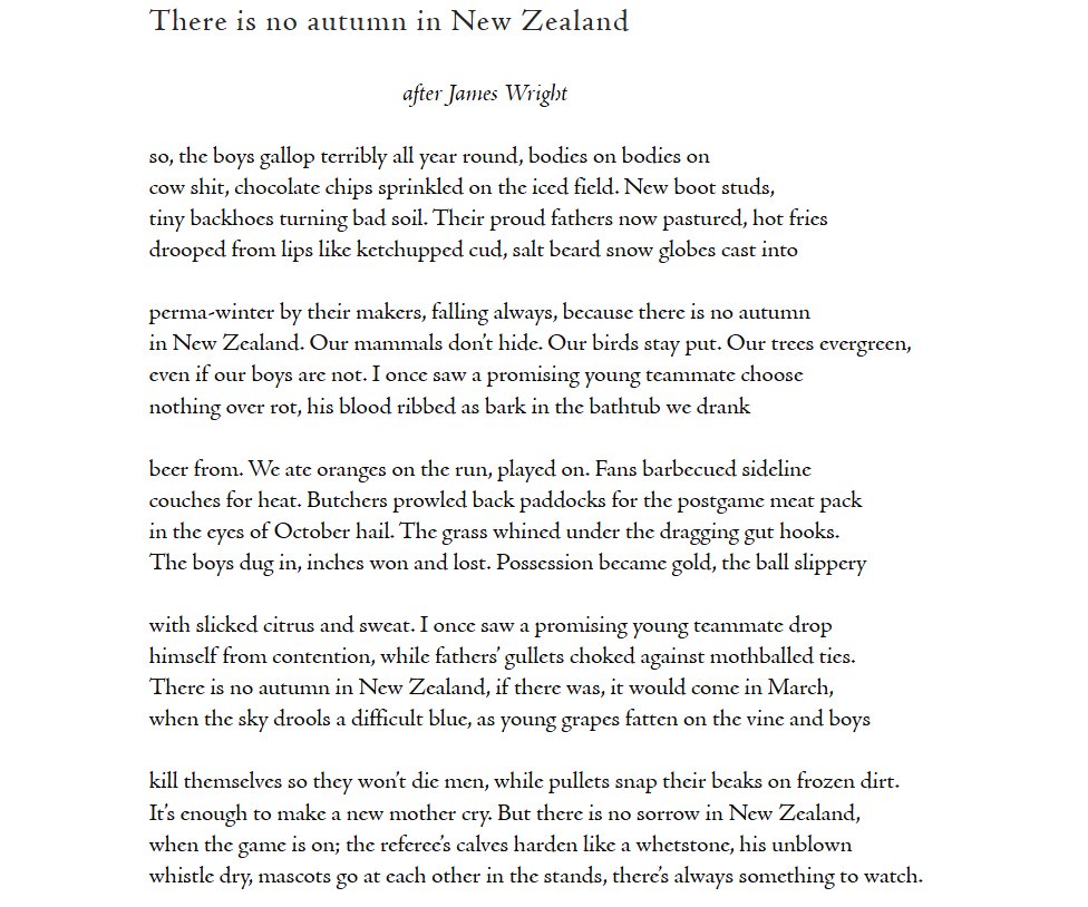 Jordan Hamel (@jordanhamel_) on Twitter photo I have a new poem up in the (excellent) latest edition of <a href="/QuarterlyWest/">Quarterly West</a>. Big thanks to <a href="/Young_BrandonR/">Brandon Young</a> <a href="/tuckner_matthew/">Matthew Tuckner</a> and the team for giving one of my favourite pieces a home. RIP James Wright.
quarterlywest.com/issue-113-hamel I have a new poem up in the (excellent) latest edition of <a href="/QuarterlyWest/">Quarterly West</a>. Big thanks to <a href="/Young_BrandonR/">Brandon Young</a> <a href="/tuckner_matthew/">Matthew Tuckner</a> and the team for giving one of my favourite pieces a home. RIP James Wright.
quarterlywest.com/issue-113-hamel