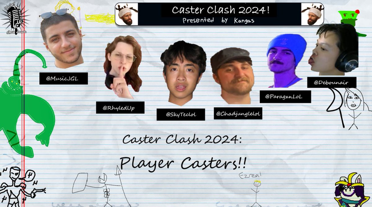 🚨 Announcing your League of Legends Caster Clash 2024 Player Casters!!! 🚨

Big shoutouts to everyone willing to hop on the mic today 👏

ALSO UPDATED START TIME!! Game 1 will now start at 2:45pm!

See ya'll there 💪

Ttv / Kangascasts