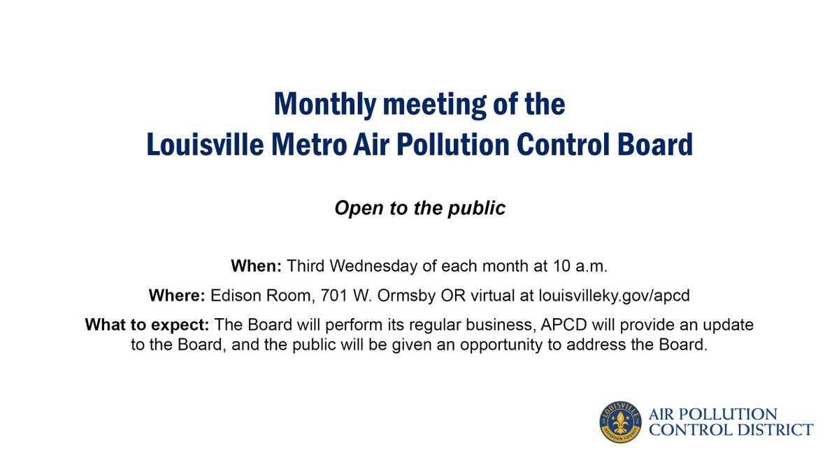 LouAPCD's tweet image. Tomorrow following a public hearing at 10:00 a.m. the Air Pollution Control Board will hold its regular monthly meeting. 

The public is invited to attend online and in person and will be given an opportunity to address the board. Details: louisvilleky.gov/government/air…