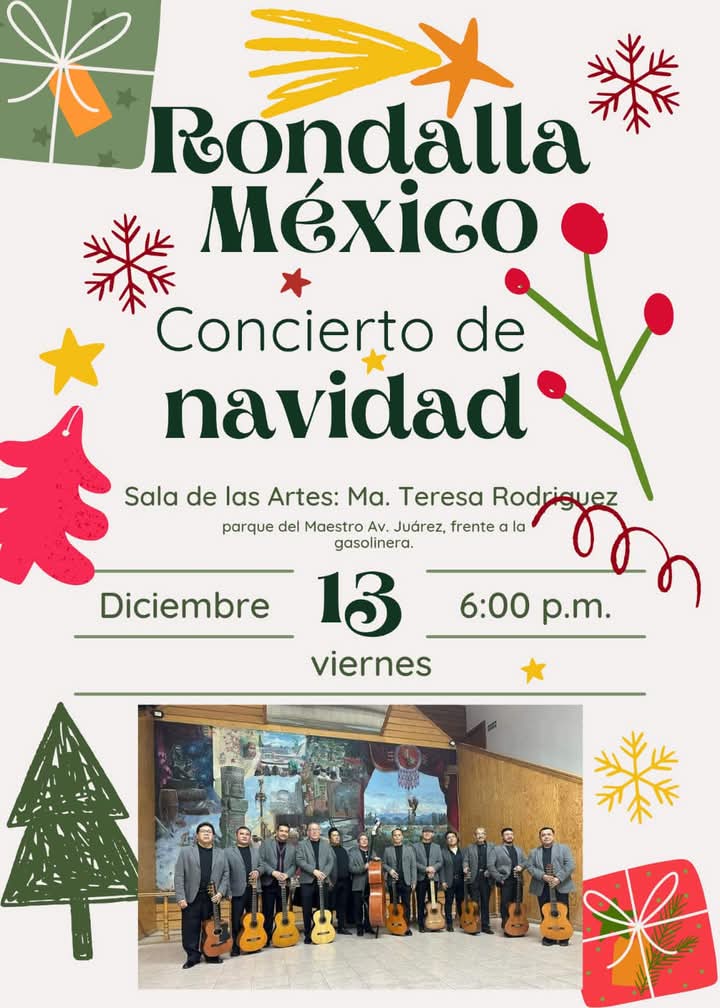 #CarteleraFindeSemana 

¡Hoy! La Rondalla México nos deleita con un concierto de navidad en la Sala de las Artes Ma. Teresa Rodríguez en el Parque del Maestro, #Pachuca 🎶🎄

#SiempreHayAlgoQueHacer
