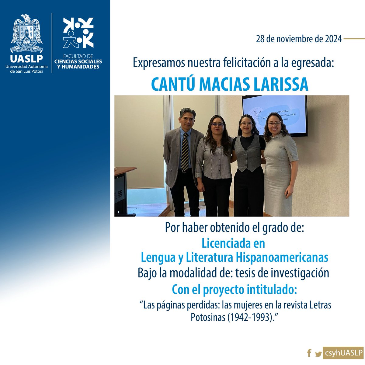 csyhUASLP's tweet photo. ¡Muchas felicidades!🎓📚
#egresada #titulada #UASLP #FCSyH https://t.co/J5rUkDMthF