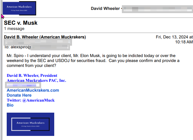 Morgan J. Freeman (@mjfree) on Twitter photo #BREAKING: Elon Musk is expected to be indicted by the DOJ and SEC for securities fraud today or over the weekend, according to a lawyer email obtained by
<a href="/AmericanMuck/">American Muckrakers</a> - <a href="/IndictmentTime/">Hunter Cullen</a> #BREAKING: Elon Musk is expected to be indicted by the DOJ and SEC for securities fraud today or over the weekend, according to a lawyer email obtained by
<a href="/AmericanMuck/">American Muckrakers</a> - <a href="/IndictmentTime/">Hunter Cullen</a>