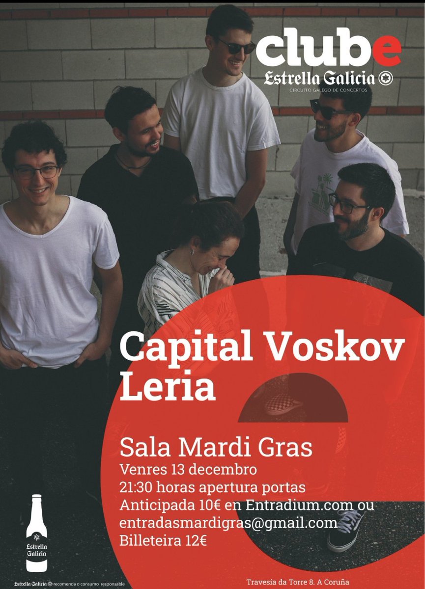 Hoxe catro bandas galegas suben aos escearios de <a href="/arcadanoe/">A Arca da Noe</a> e <a href="/SalaMardiGras/">Sala MardiGrasCoruña</a> grazas ao Ciclo ClubE <a href="/estrellagalicia/">Estrella Galicia</a> 
Moita festa en #VilardeSantos e na #Coruña (neste, non quedan entradas).