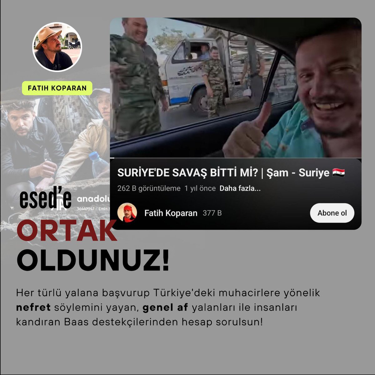 Esed’in zulmüne #OrtakOldunuz 

<a href="/umitozdag/">Ümit Özdağ</a> <a href="/zaferpartisi/">Zafer Partisi</a> 
<a href="/AlperRende/">Alper Rende</a> <a href="/ifkoparan/">Fatih Koparan</a> 
<a href="/DenizBustani/">🇹🇷 Deniz Büstani دنيز بستاني</a> <a href="/KCanbolat/">Kemal Canbolat</a> 
<a href="/BBahadirErdem/">Bahadır Erdem</a> <a href="/ilay_aksoy/">İlay Aksoy</a>