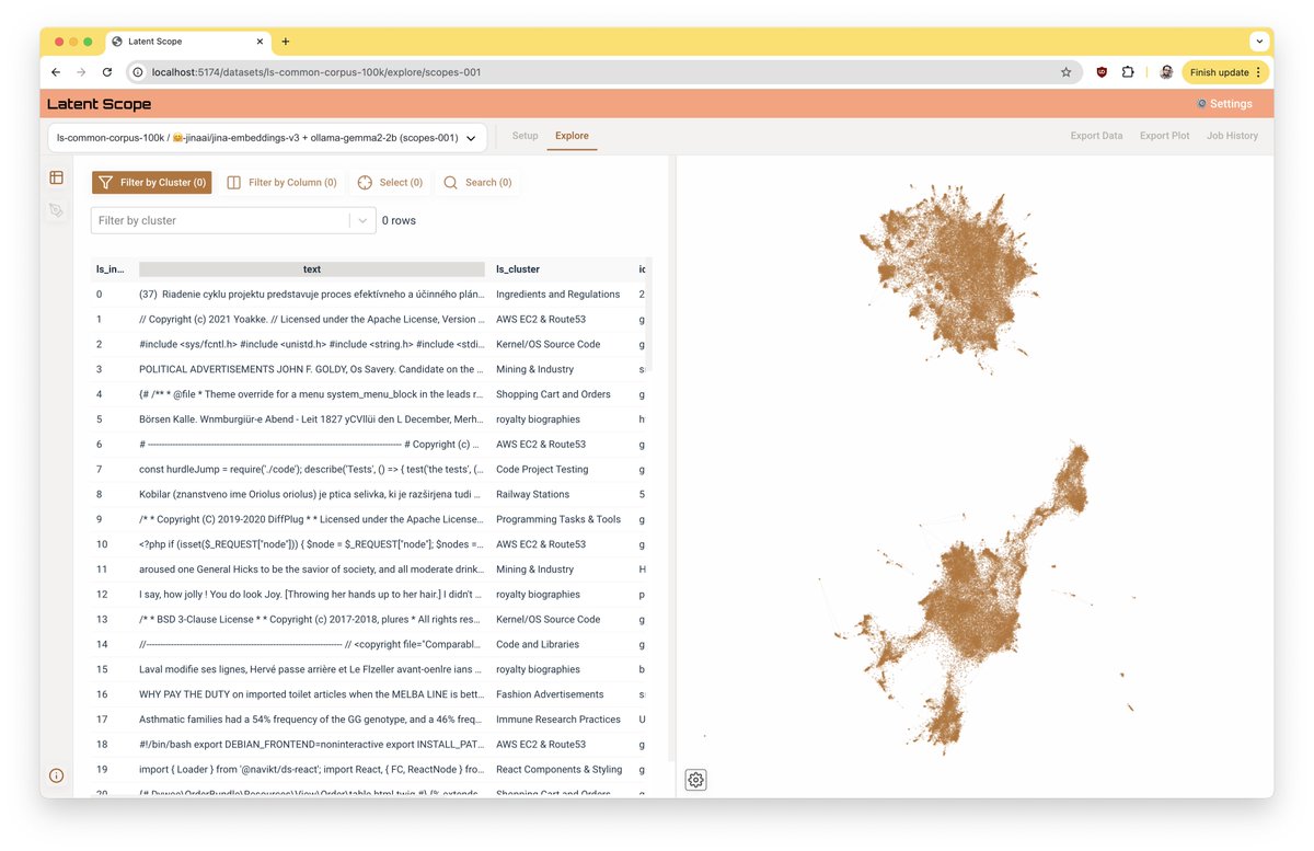 Ian Johnson 🔬🤖 (@enjalot) on Twitter photo announcing Latent Scope 0.5, a major revamp of the UI thanks to <a href="/jzhang621/">Jimmy Zhang</a> and the <a href="/mozillabuilders/">Mozilla Builders 🔧</a> program!
Let's take a look at what's new, starting with a cleaner Explore view. We give more space to the map, and allow you to adjust the width of the table: announcing Latent Scope 0.5, a major revamp of the UI thanks to <a href="/jzhang621/">Jimmy Zhang</a> and the <a href="/mozillabuilders/">Mozilla Builders 🔧</a> program!
Let's take a look at what's new, starting with a cleaner Explore view. We give more space to the map, and allow you to adjust the width of the table: