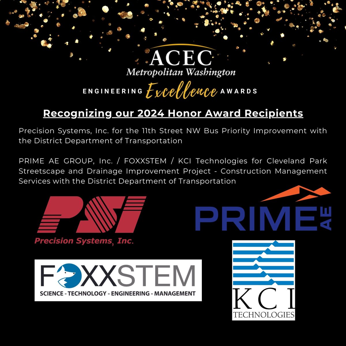 ACEC Metropolitan Washington (@acec_mw) on Twitter photo <a href="/ACEC_MW/">ACEC Metropolitan Washington</a> would like to congratulate Honor Award Recipients Precision Systems, Inc., <a href="/PRIME_Eng/">PRIME AE Group, Inc.</a>, <a href="/foxxstem/">FOXXSTEM</a> , and <a href="/KCITechnologies/">KCI</a> !
They will be recognized during our Engineering Excellence Awards Gala on December 17th at the Mayflower Hotel in DC. <a href="/ACEC_MW/">ACEC Metropolitan Washington</a> would like to congratulate Honor Award Recipients Precision Systems, Inc., <a href="/PRIME_Eng/">PRIME AE Group, Inc.</a>, <a href="/foxxstem/">FOXXSTEM</a> , and <a href="/KCITechnologies/">KCI</a> !
They will be recognized during our Engineering Excellence Awards Gala on December 17th at the Mayflower Hotel in DC.